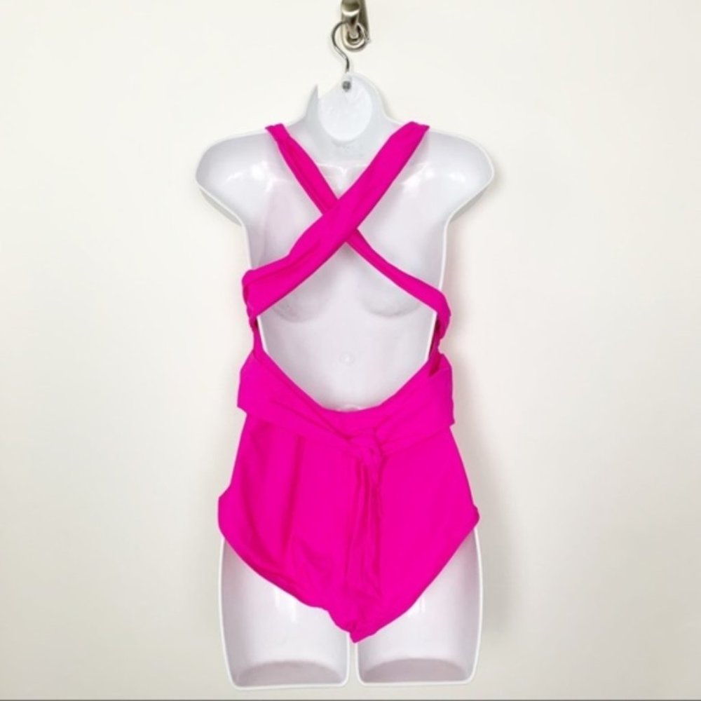 Fuchsia Self Tie Plunge One Piece Swimsuit - Picture 9 of 11